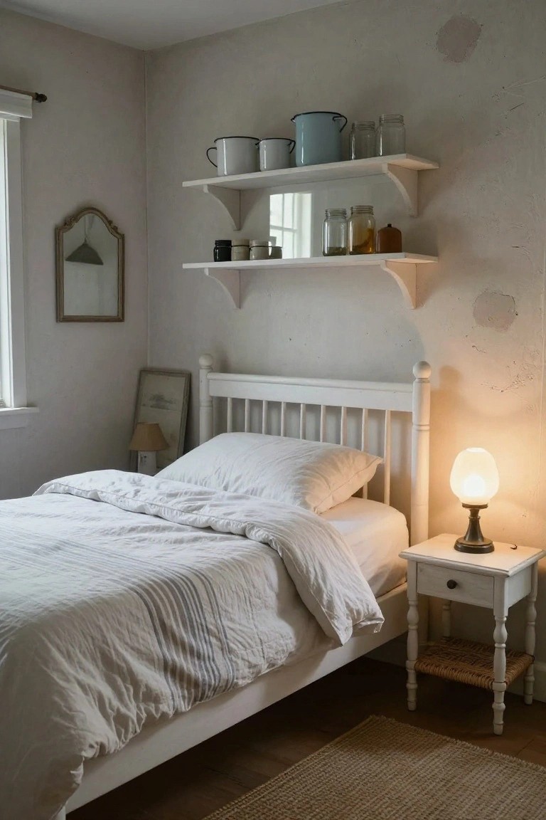 Cozy bedroom with white wooden spindle bed frame, white linen bedding, bedside table holding glass lamp, wall-mounted wooden shelves with enamelware pots and jars, antique mirror, and window.
