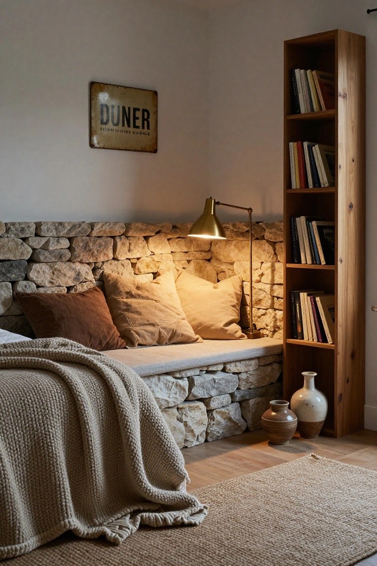 Bedroom nook with cushioned bench bed against textured stone wall, flanked by tall wooden bookshelf, brass arc lamp overhead, knitted throw blanket, and ceramic vases on wood floor.