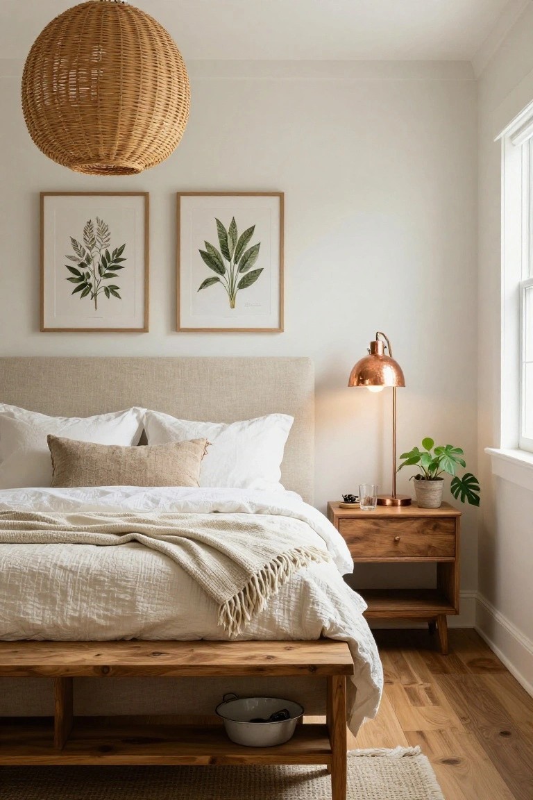 A bedroom with beige upholstered headboard, white pillows and linens on the bed, wooden bench at foot holding metal bowl, wooden nightstand with copper lamp and potted plant, two framed leaf prints above headboard, rattan pendant light overhead, hardwood floor.