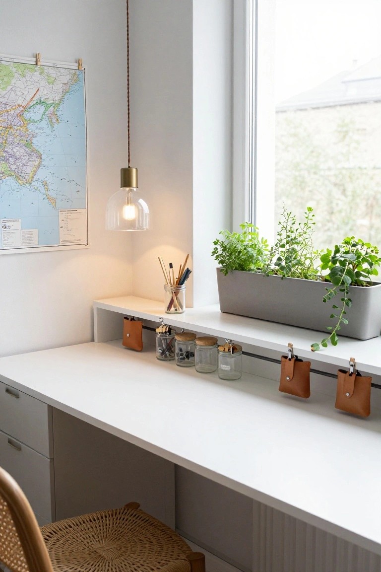 White desk with drawers in a bright room, floating shelf above holding glass jars, leather pouches, and pens, grey rectangular planter with herbs on the windowsill, world map on wall, pendant light, and rattan chair nearby.