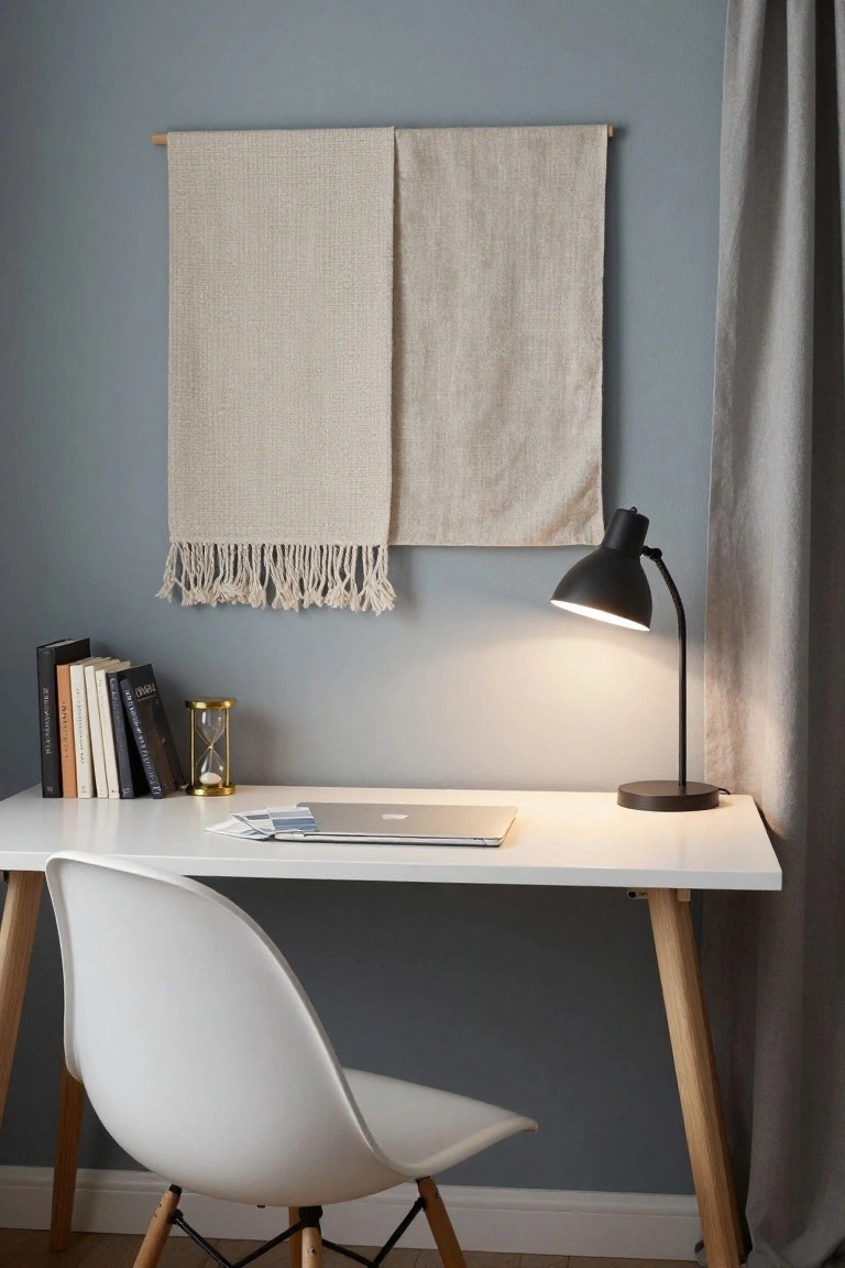 A minimalist home office desk setup against a blue-gray wall with a beige woven wall hanging featuring fringe, white desk, open MacBook laptop, stacked books, gold hourglass, black gooseneck lamp, and white molded plastic chair on wooden legs.