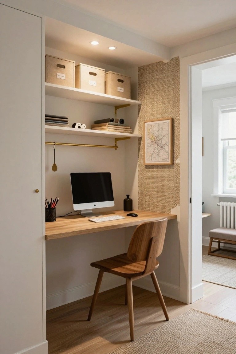 White alcove home office with light wood floating desk and shelves holding beige storage boxes, books, and supplies, wooden chair, iMac monitor, and seagrass wall texture nearby.