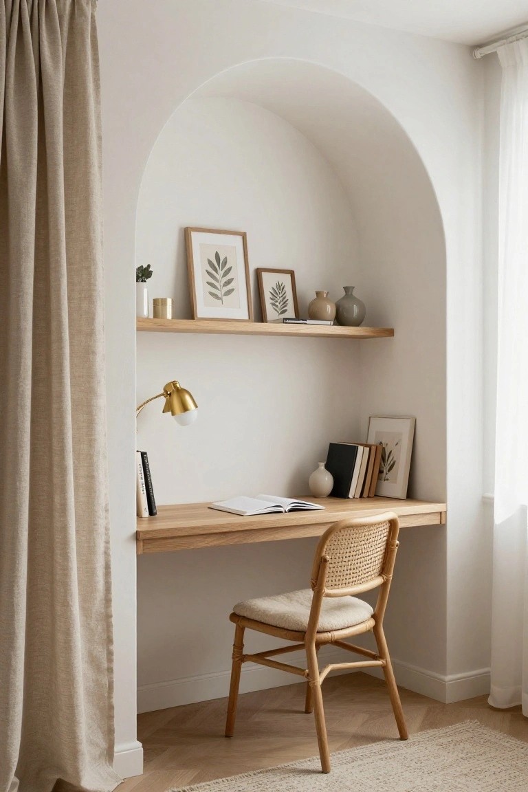 White arched alcove with built-in wooden desk and oak shelves displaying books, plants, frames, and vases, plus rattan chair, gold lamp, and linen curtains.