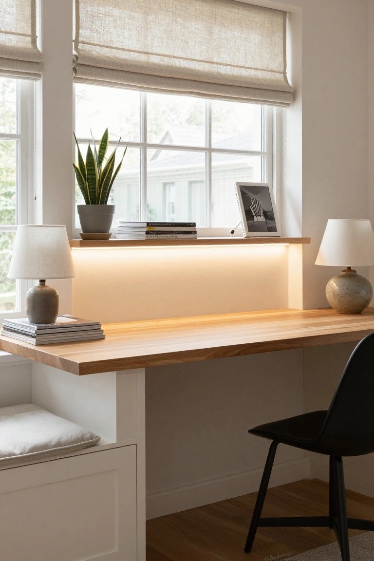 Built-in wooden desk integrated into white cabinetry with LED strip lighting along the back shelf, two ceramic lamps on ends, stacked books, snake plant in gray pot, photo frame, and black chair nearby, with window and beige blinds visible.