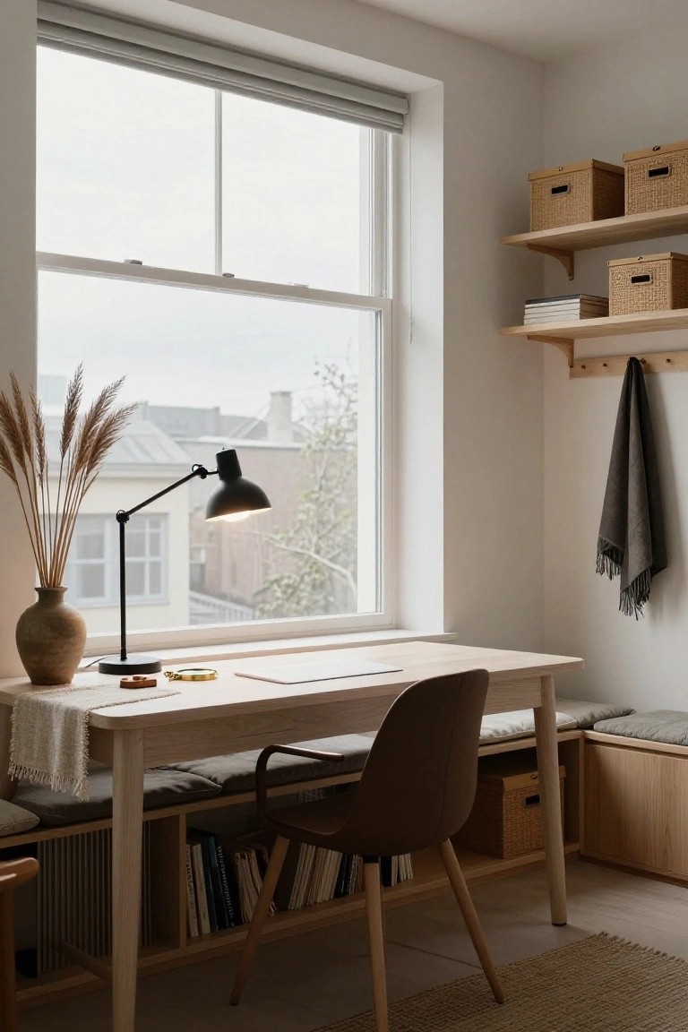 A home office nook featuring a light wood desk integrated with bench seating under a large window, with lower bookshelves, pampas grass in a terracotta vase, adjustable black desk lamp, wall shelves with woven baskets, and a hanging towel on a peg rail.