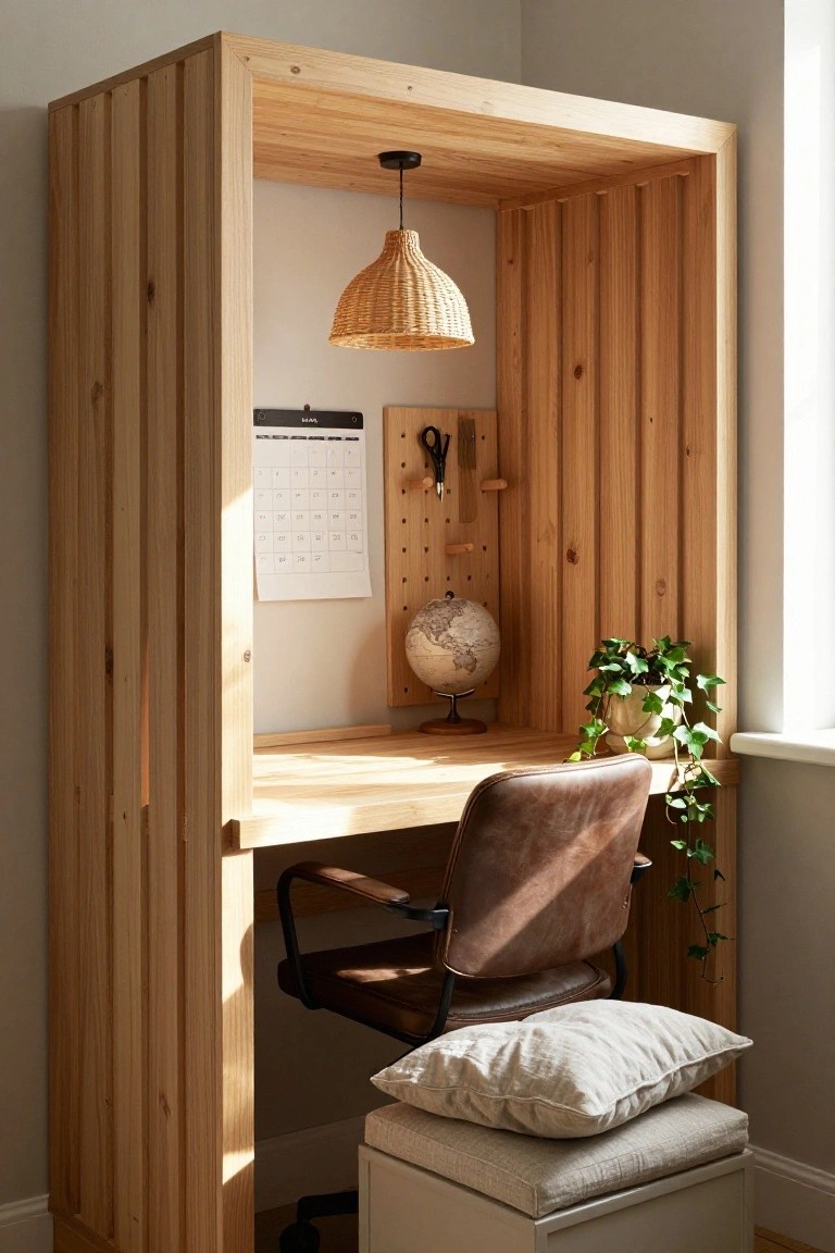 Wooden booth enclosing a home office desk area with leather chair, rattan pendant light, calendar on pegboard, globe, ivy plant in white pot, scissors holder, and fabric footstool beside a window in a light gray room.