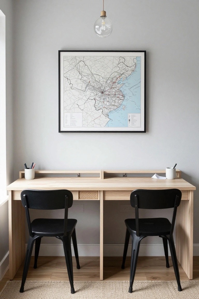 Light gray room with a long light wood desk for two, flanked by black metal chairs, a framed map of eastern China on the wall, and simple accessories on the desk.