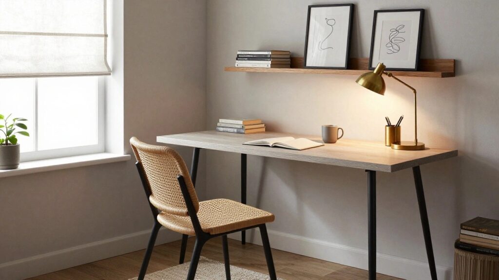 25 Scandinavian Office Decor Ideas for a Clean Look Corner home office with light wood desk on black metal legs, rattan chair with black frame, oak floating shelves holding books and mugs, gold desk lamp, framed art, and potted plants near windows.