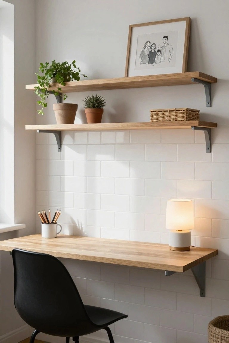 Wall-mounted oak desk with black chair in a home office nook, floating oak shelves above holding plants, wicker basket, and framed family sketch, white subway tile wall, desk lamp, and mug of pencils.