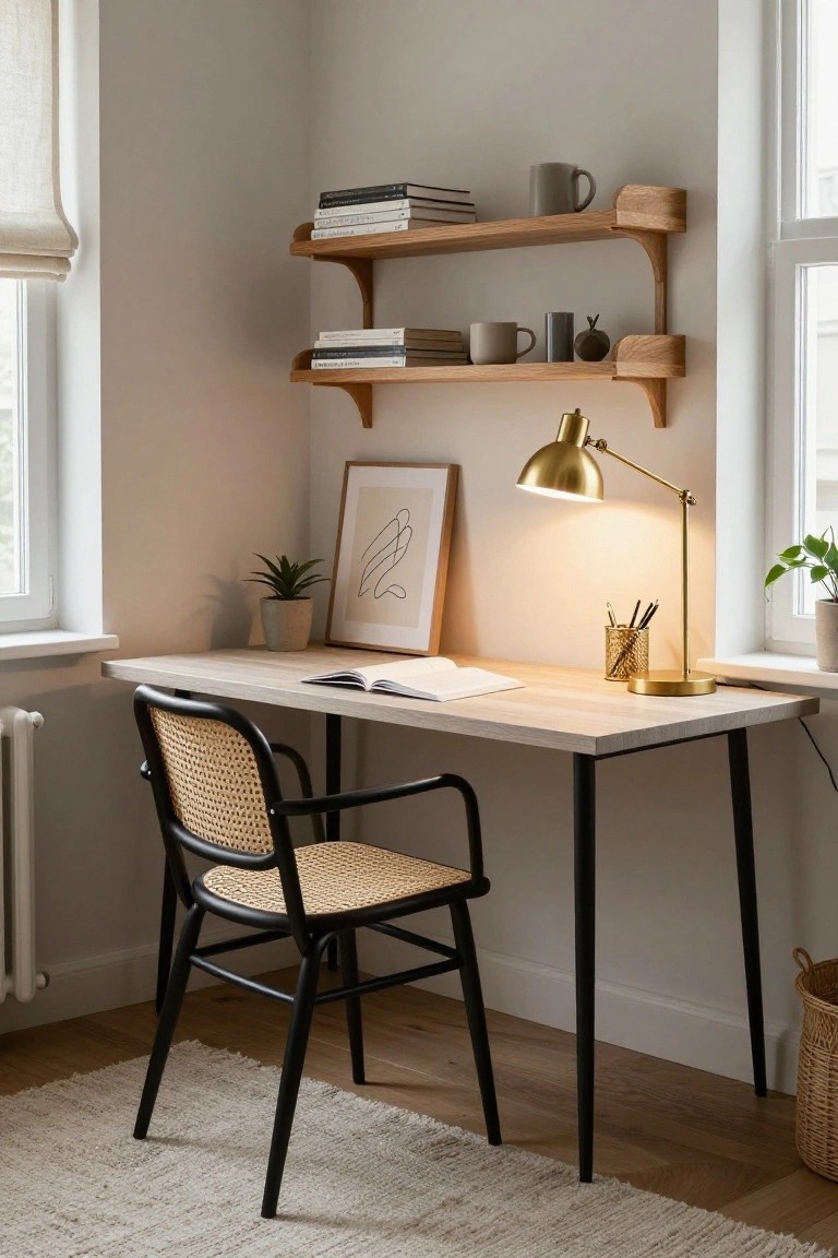 Corner home office with light wood desk on black metal legs, rattan chair with black frame, oak floating shelves holding books and mugs, gold desk lamp, framed art, and potted plants near windows.