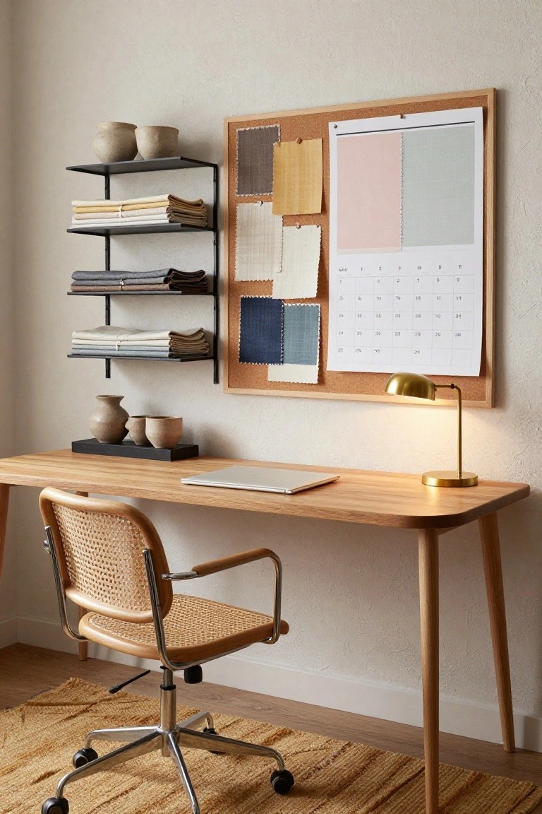 Home office with oak desk and laptop, rattan armchair on casters, black metal wall shelves holding folded neutral linens and ceramics, cork bulletin board displaying calendar and fabric swatches, gold desk lamp, and beige rug.