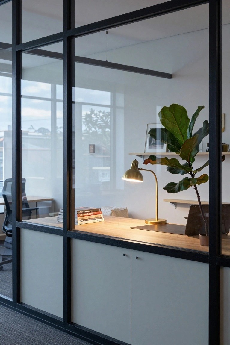 Black metal-framed glass partitions enclosing a modern office workspace with a wooden desk surface, gold arched lamp, stacked books, open shelves holding a large fiddle leaf fig plant, and a chair nearby.