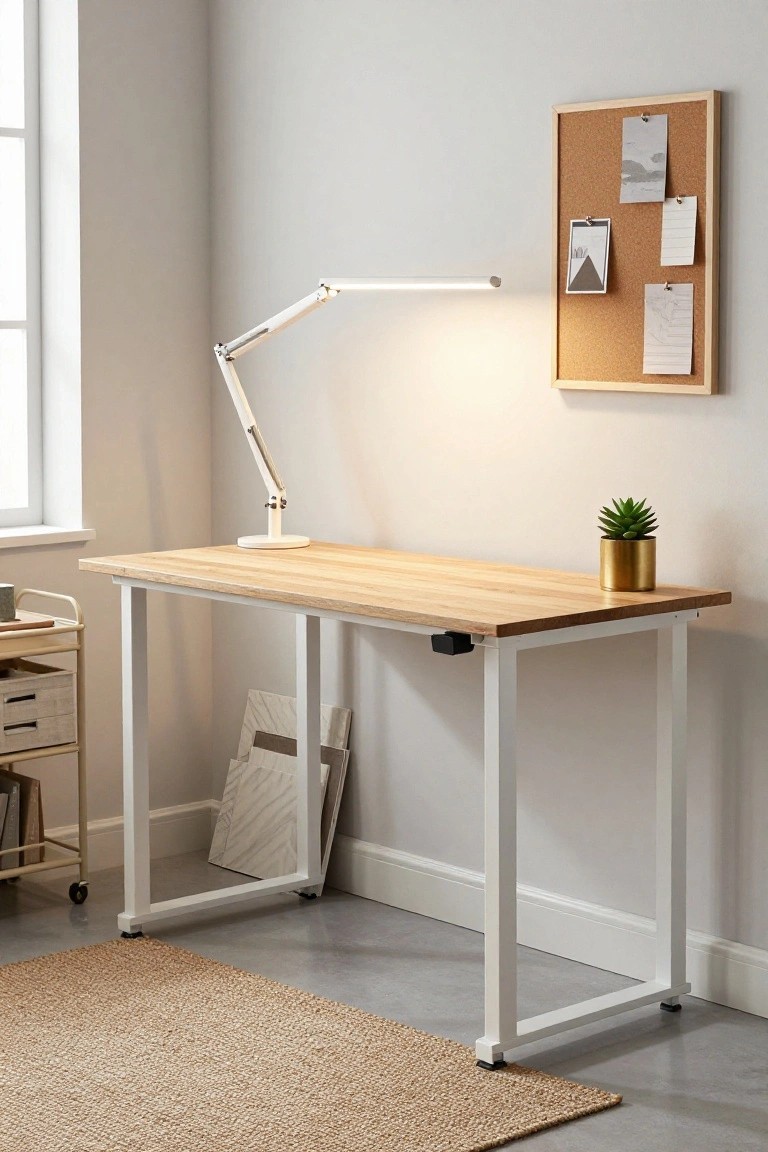 Height-adjustable desk with light oak top and white metal A-frame legs in a bright corner room, with adjustable white arm lamp, gold pot with succulent, corkboard on wall with pinned notes and photos, and white rolling cart nearby on beige rug.