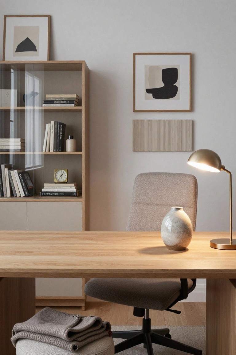 Light oak desk with gray office chair in a minimalist home office featuring glass-fronted oak shelving unit, neutral artwork on walls, and a beige vase on the desk.