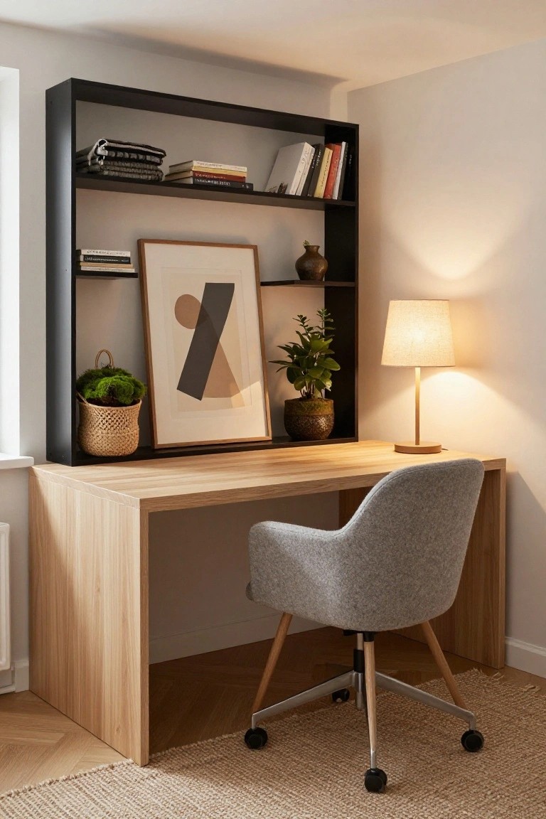 A minimalist home office featuring a light oak desk with integrated black metal open shelving unit above it, containing books, an abstract framed print, potted plants, and a table lamp on the desk next to a gray upholstered swivel chair.