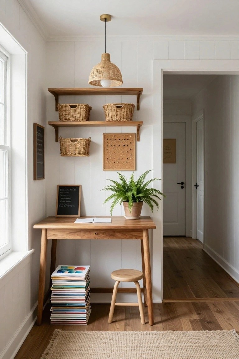 Small home office nook with wooden desk and stool, open wooden wall shelves holding woven baskets, potted fern, corkboard, blackboards, stack of books, rattan pendant light, white shiplap walls, and doorway to hallway.