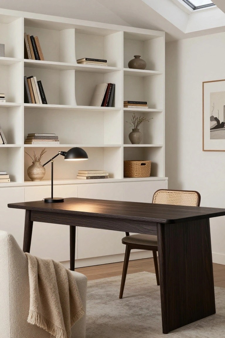 Home office with extensive white built-in bookshelves holding books, vases, and baskets, centered on a dark wood desk lit by a black adjustable lamp, rattan chair, and nearby beige armchair on oak floor under skylight.