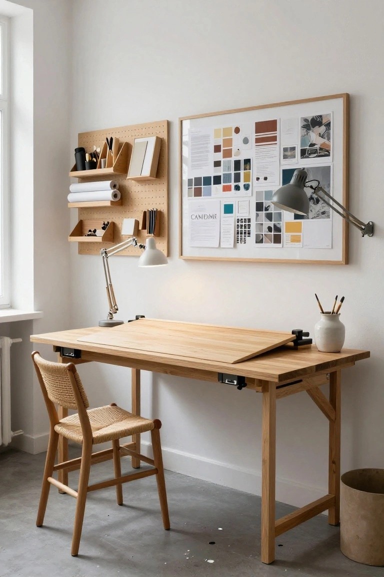Wooden pegboard wall with hooks, shelves, paper rolls, and tools next to a large adjustable oak drafting table, rattan chair, mood board, and lamps in a bright home office.