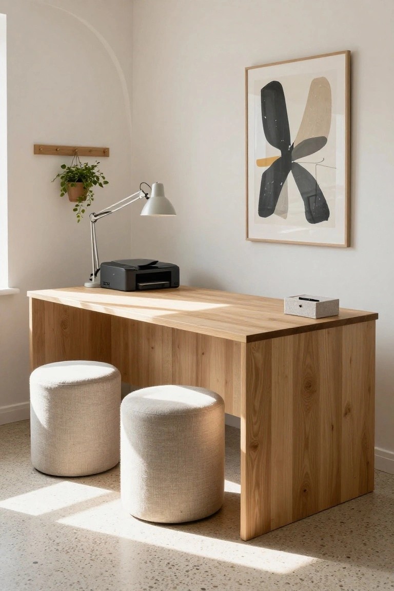 Light wooden desk in a bright corner room with two cream pouf stools underneath, adjustable task lamp, black printer, hanging plant, pen holder, and large abstract black and beige wall art.