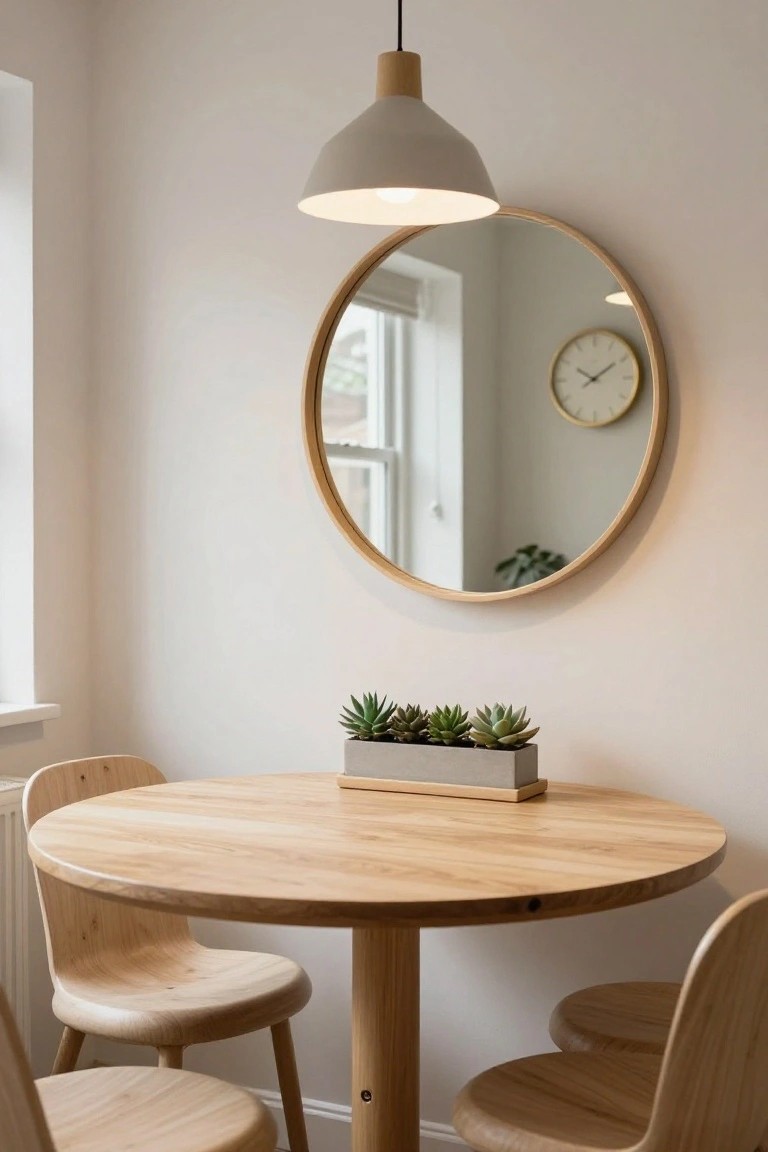 Small round light wood table with four matching wooden chairs in a white-walled room, succulents in a rectangular planter on the table, large round wooden mirror and clock on the wall, pendant light overhead, and a radiator nearby.