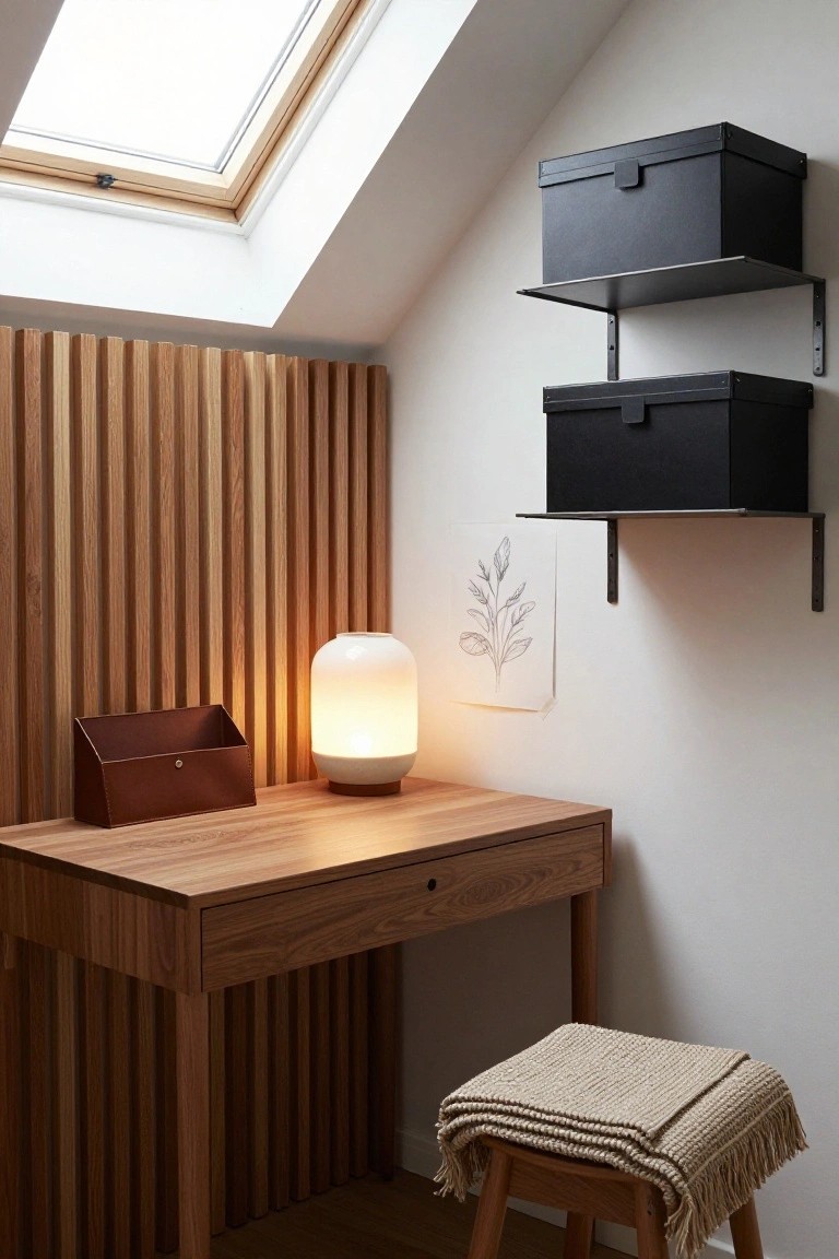 Home office nook with wooden desk against vertical slatted wood wall panels, black boxes on metal shelves above, ceramic lamp, leather tray, drawing on wall, stool with beige throw, and skylight overhead.