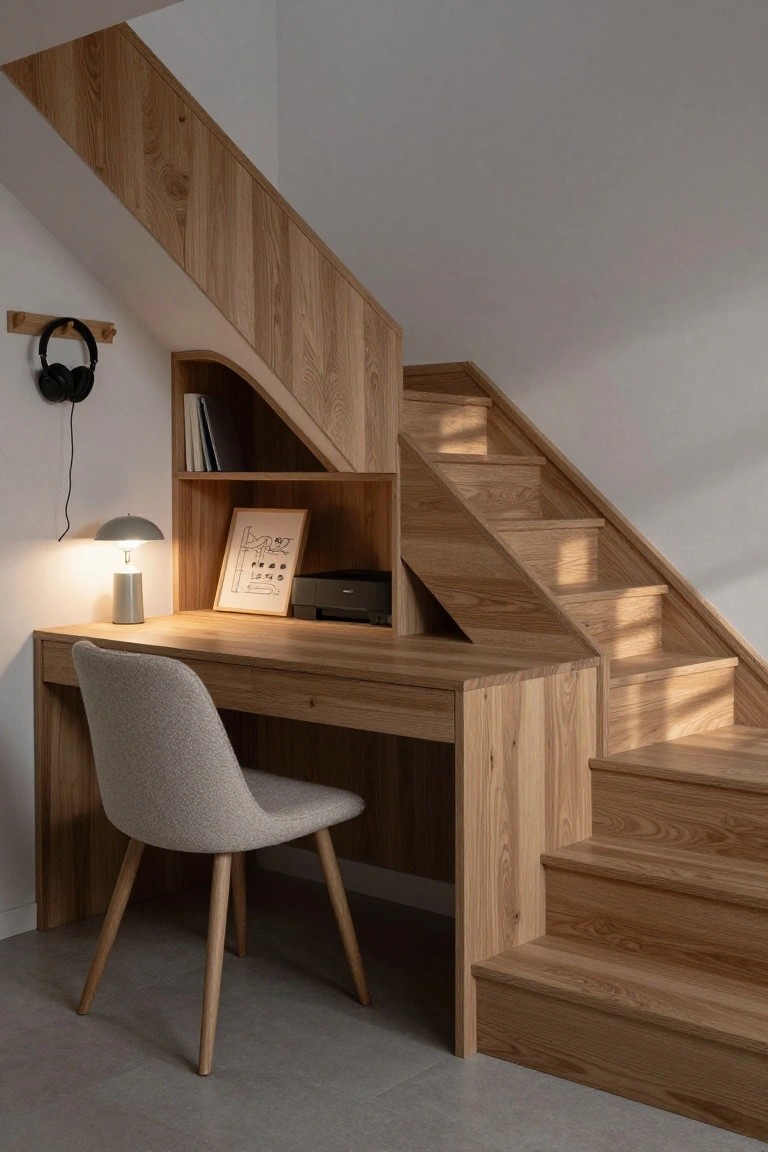 Wooden desk and upholstered chair integrated under angled wooden stairs, with built-in shelves holding books and a printer, a lamp on the desk, and headphones on the wall.