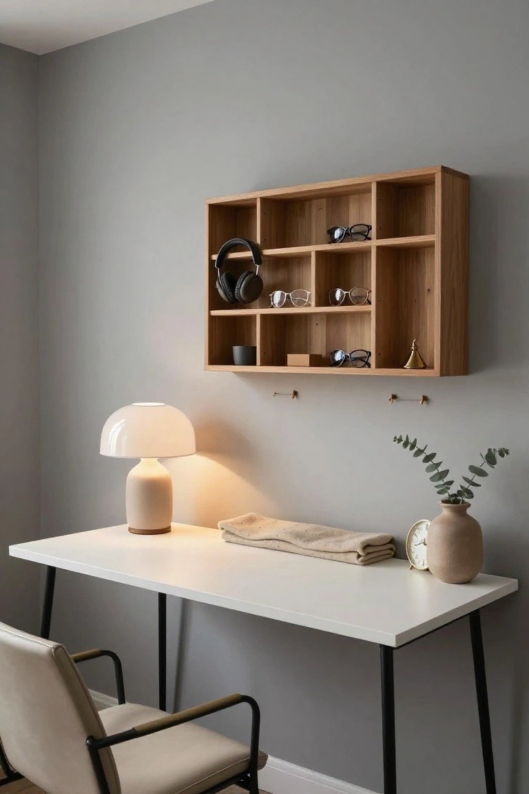 Gray-walled corner office with white desk on black legs, cream upholstered chair, beige mushroom lamp, folded towel, clock, vase, and wooden multi-compartment wall shelf holding headphones, eyeglasses, mug, and accessories.