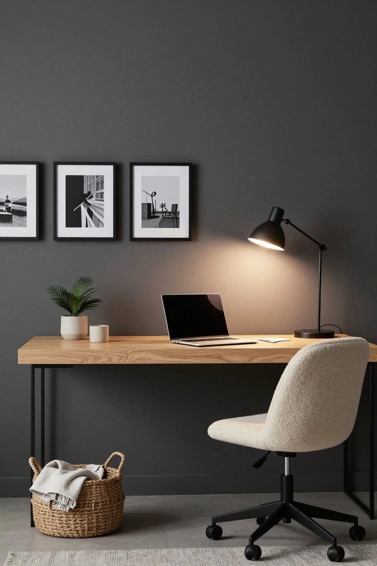 Home office featuring a light oak desk with black metal legs, cream sheepskin-upholstered swivel chair, black desk lamp, potted plant, white ceramic pots, black-and-white framed photos on dark gray walls, and woven basket on light gray floor.