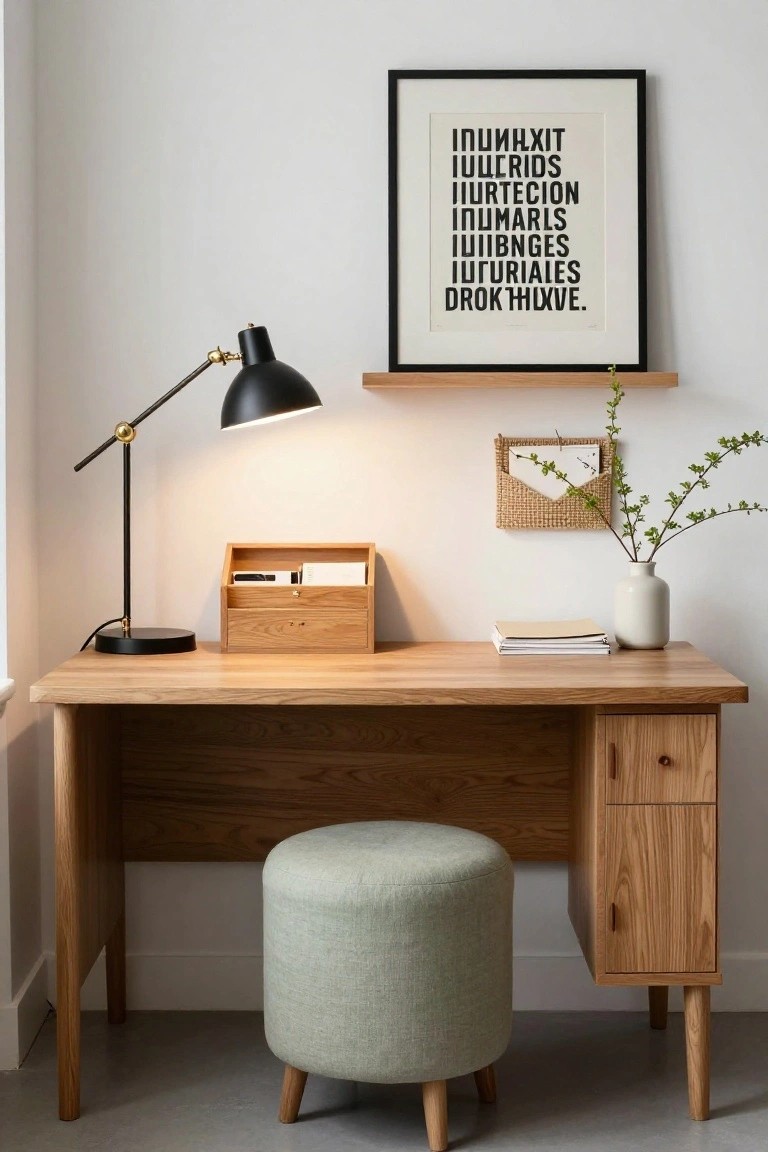 Minimalist wooden desk with lamp, stool, books, and framed art.