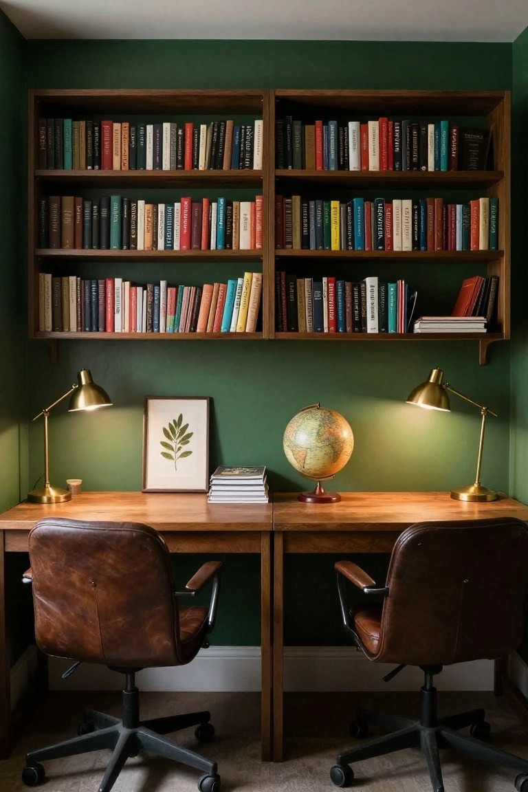 Green-walled home office with wooden built-in bookshelves on both sides flanking a long wooden desk, two tan leather swivel chairs, brass desk lamps, a globe, stacked books, and a framed leaf print on the wall.