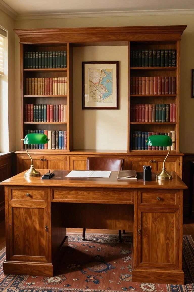 Wooden built-in bookcases flanking a polished desk with green banker's lamps, leather chair, open notebook, and wall map in a traditional home office.