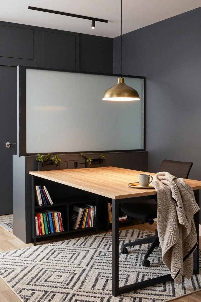 Home office corner with dark built-in cabinets, light wood desk top on black metal legs, books on open shelves, frosted glass partition with black frame, potted plants, office chair with beige throw, gold pendant lamp, saucer and mug on desk, and geometric white rug on light wood floor.