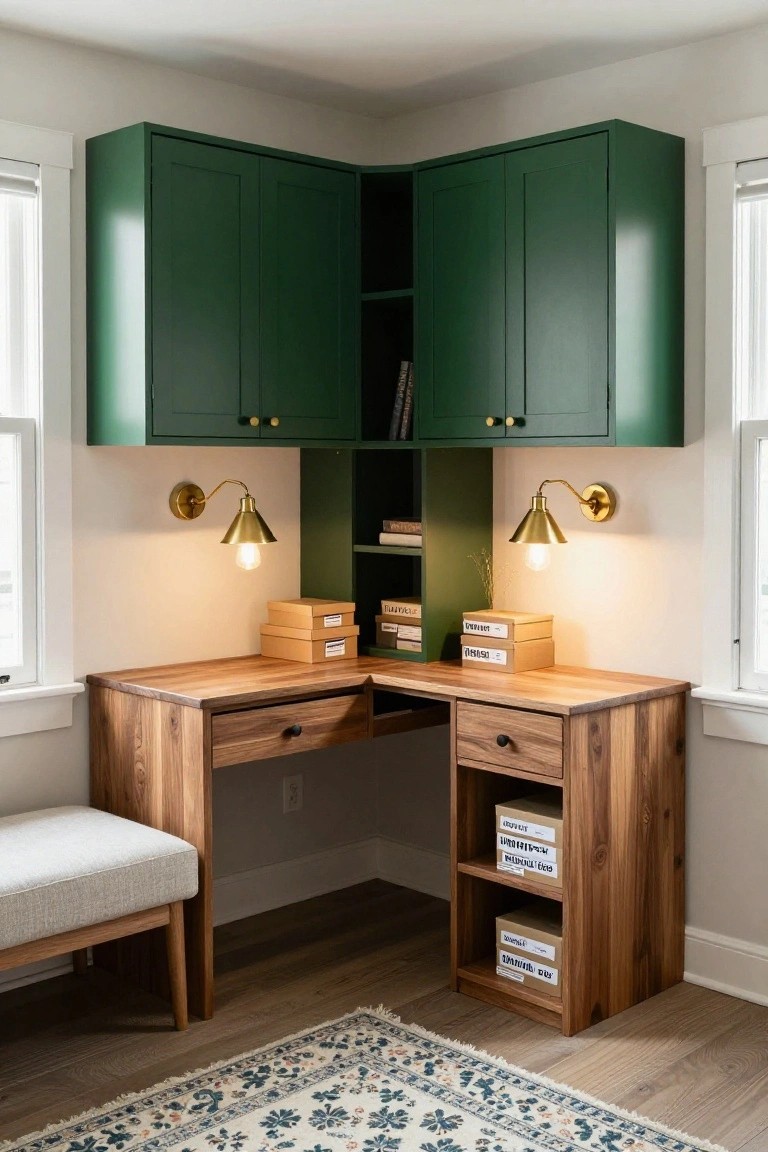 Corner home office with L-shaped wooden desk, green overhead cabinets, open shelving with beige storage boxes, brass wall sconces, and a cushioned bench on hardwood floors.