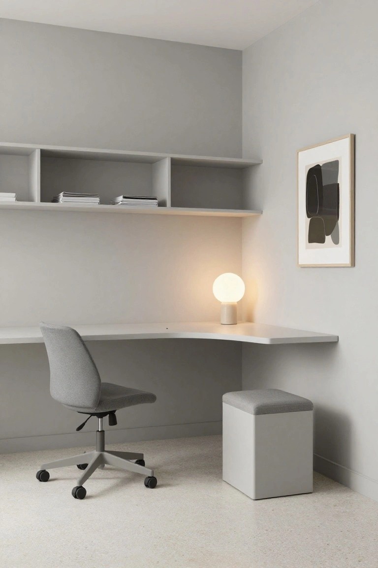 A minimalist corner office in a light gray room with white floating L-shaped desk, gray swivel chair on casters, open white shelving holding stacked papers, white globe lamp on desk, abstract black and white framed art on wall, and gray fabric footstool.