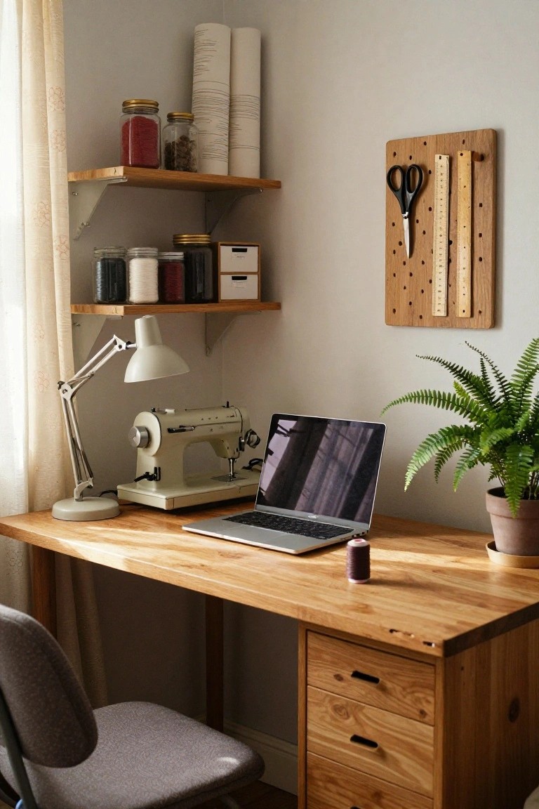Wooden desk in a light room with open laptop, vintage sewing machine, desk lamp, glass jars of threads on shelves, pegboard with scissors and rulers, and potted fern plant.