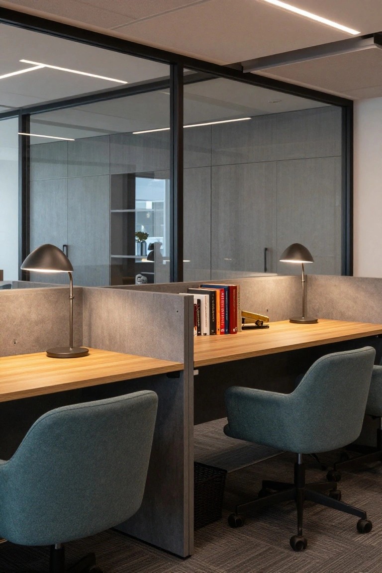 Modern office interior with two adjacent oak desks separated by a tall gray partition, teal upholstered chairs, black desk lamps, books and office supplies on desks, glass walls, and concrete panels.