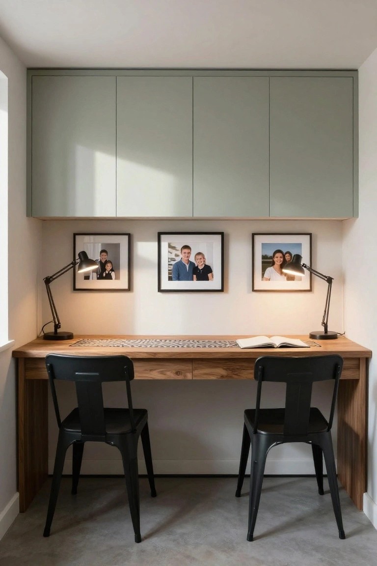 A long wooden desk with two black chairs sits in a white-walled nook under sage green upper cabinets, with three family photos flanked by black desk lamps on the wall above.