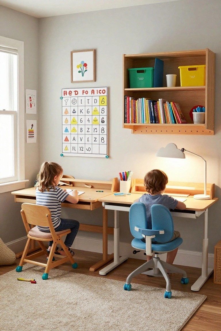 Two young children work side by side at adjacent wooden desks in a light-filled children's bedroom with educational posters on the wall, wooden shelves with bins above, and colorful chairs.
