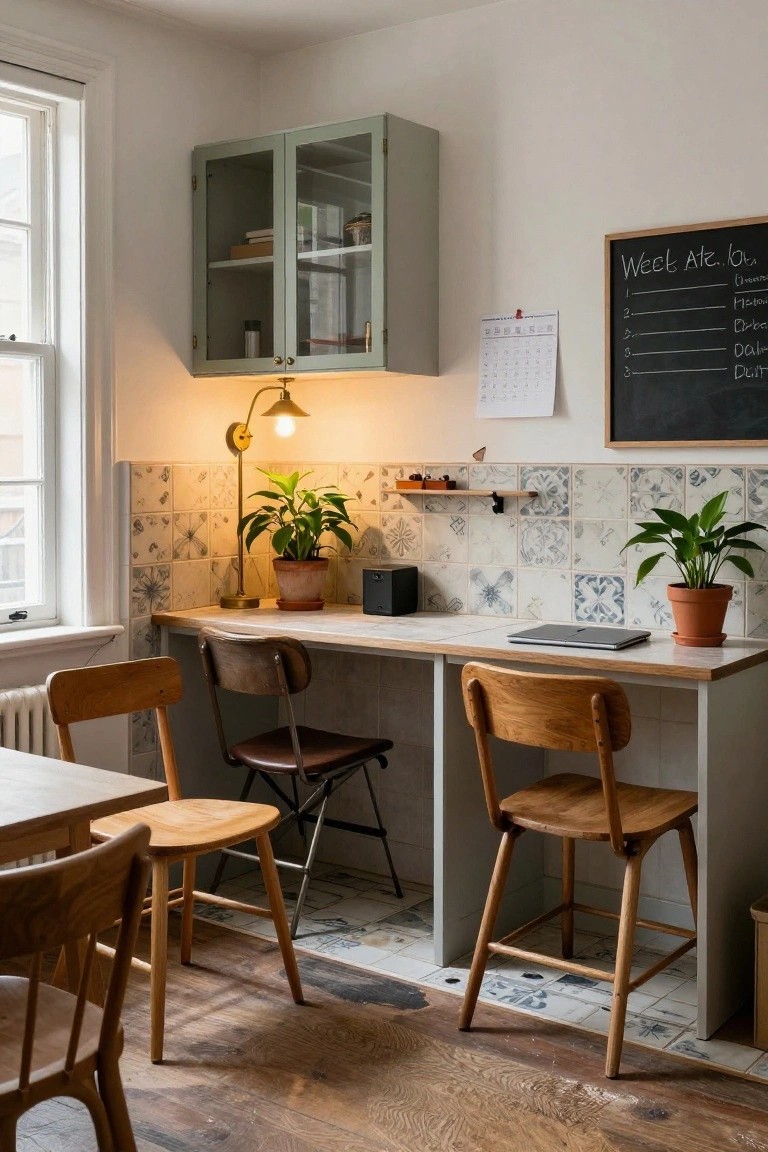 Kitchen interior with long white desk against blue and white tiled wall, wooden stools and chairs around it, plants in terracotta pots, laptop on desk, desk lamp, and blackboard on wall.