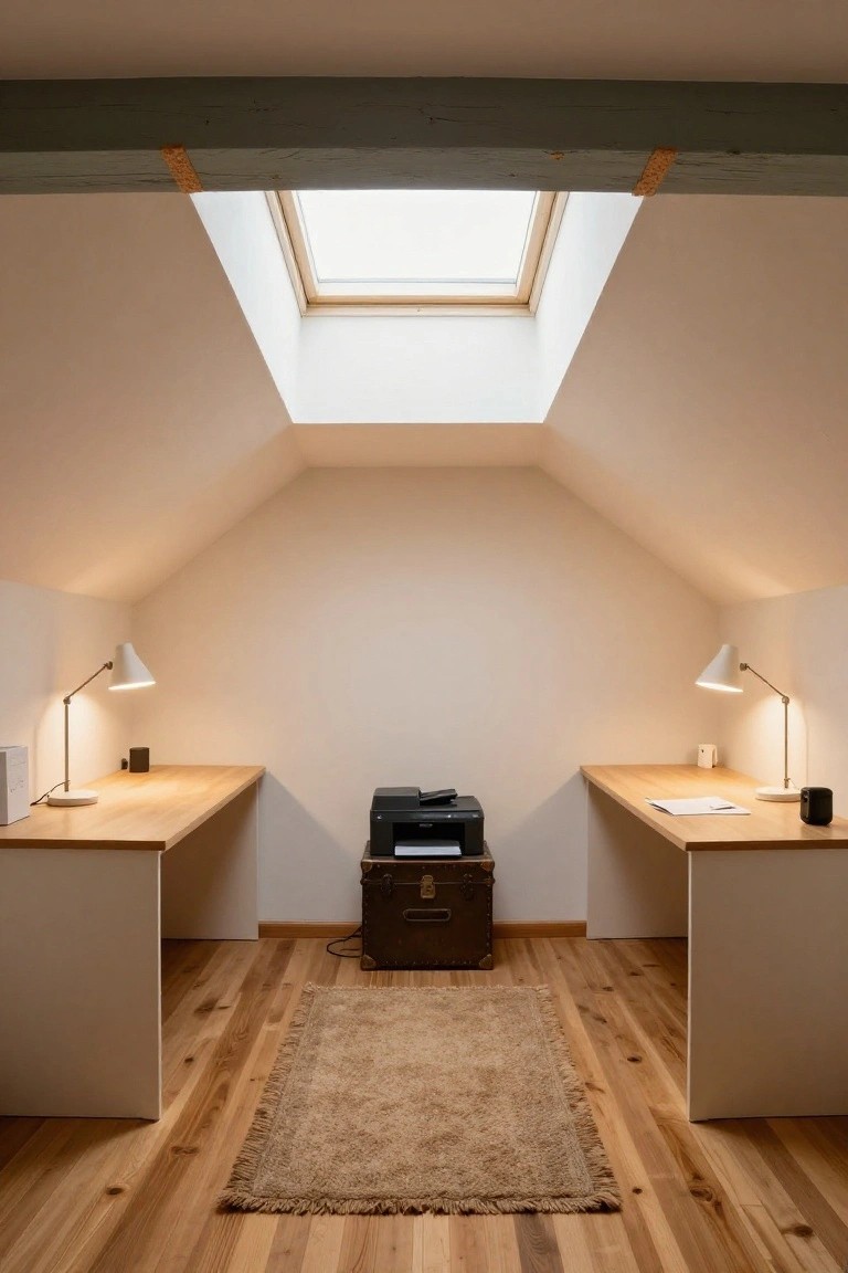Attic home office with two light wooden desks facing each other on opposite walls, white desk lamps, black printer centered between them, skylight in sloped ceiling, and wooden flooring with central beige rug.