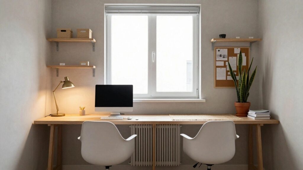 A home office with a long light wooden desk, two white chairs with casters, two computer monitors, wall-mounted oak shelves with wicker baskets, a potted snake plant, a gold desk lamp, and a large window with white blinds.