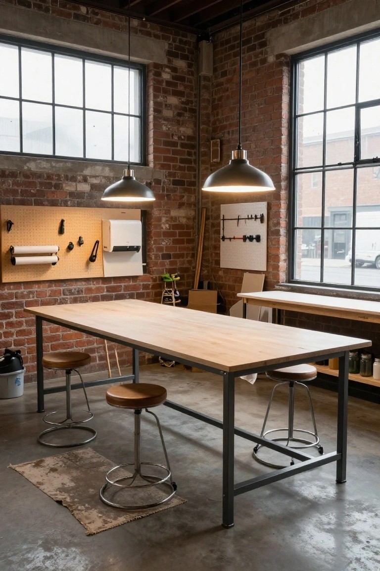 Industrial workshop interior with exposed brick walls, large pendant lights, a long light wood table on black metal legs with four stools, pegboard storage panels with tools, and large windows.
