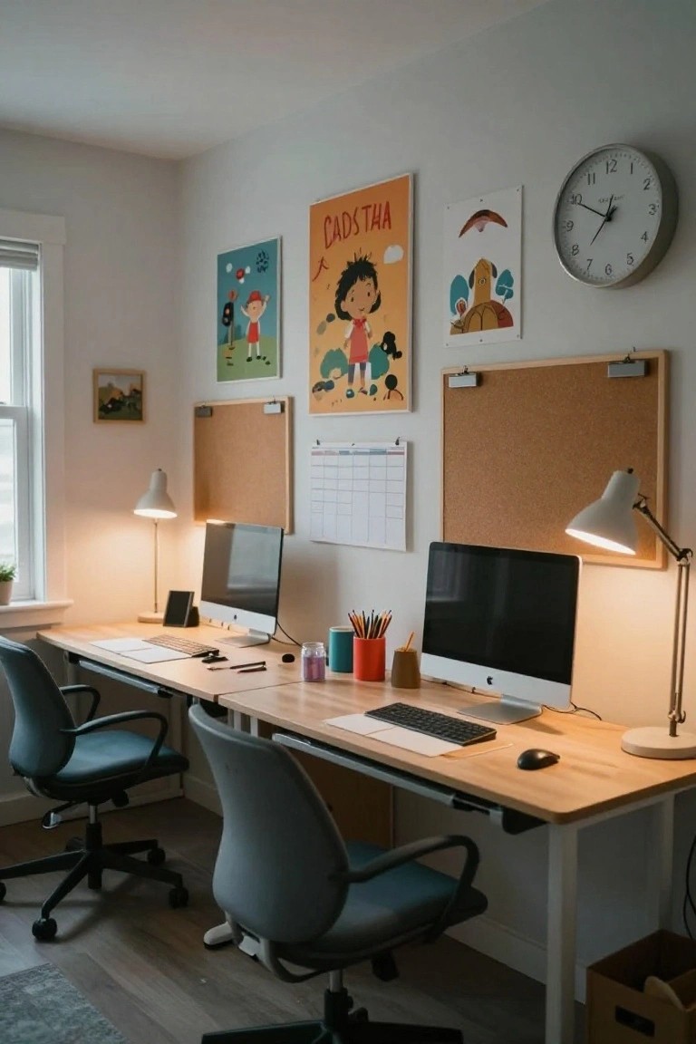 Home office room with two side-by-side wooden desks holding iMac computers, keyboards, mice, desk accessories, blue ergonomic chairs, desk lamps, cork bulletin boards, wall calendar, clock, and colorful children's posters on walls.