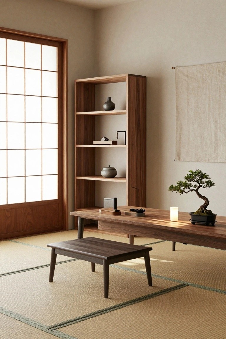 Minimalist Japanese-style interior room with tatami mat floor, low wooden table holding bonsai tree and white candle, wooden stool, tall wooden bookshelf with ceramics, and shoji screen window.