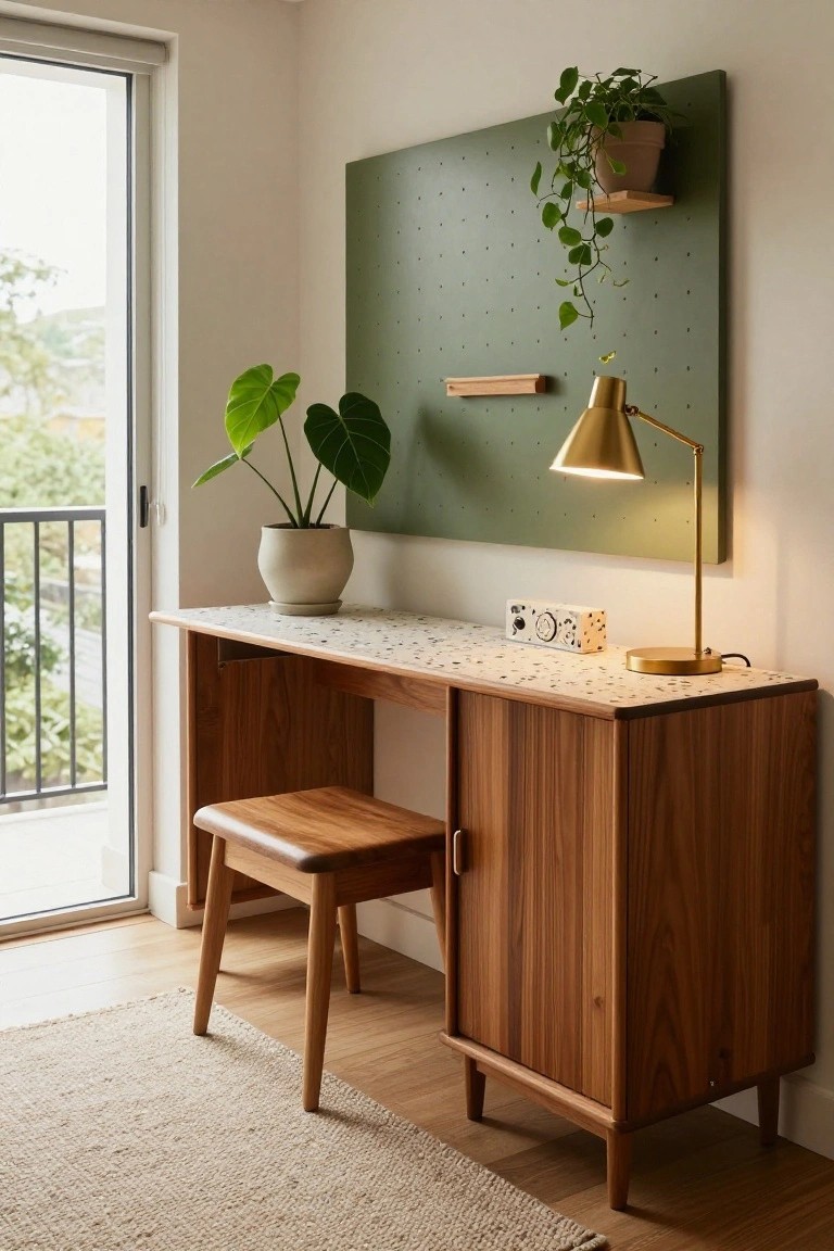 Wooden desk with terrazzo top and storage cabinets against a green pegboard wall with hanging plants, wooden shelf, desk lamp, clock, and potted plant, beside a sliding glass door to a balcony.
