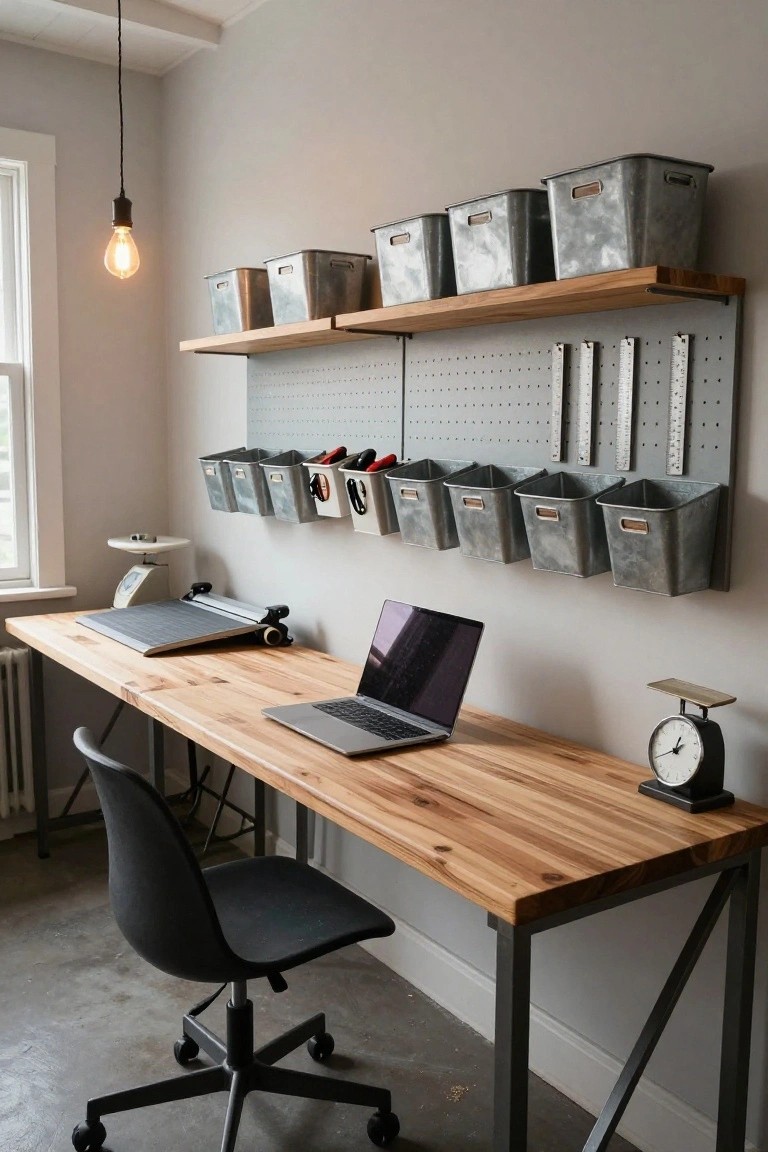 Home office with wooden desk holding laptop and paper cutter, black office chair, wall-mounted wooden shelves with metal bins, pegboard panel with hanging tools and additional metal bins, scales on desk and shelf, exposed brick radiator, and pendant light.