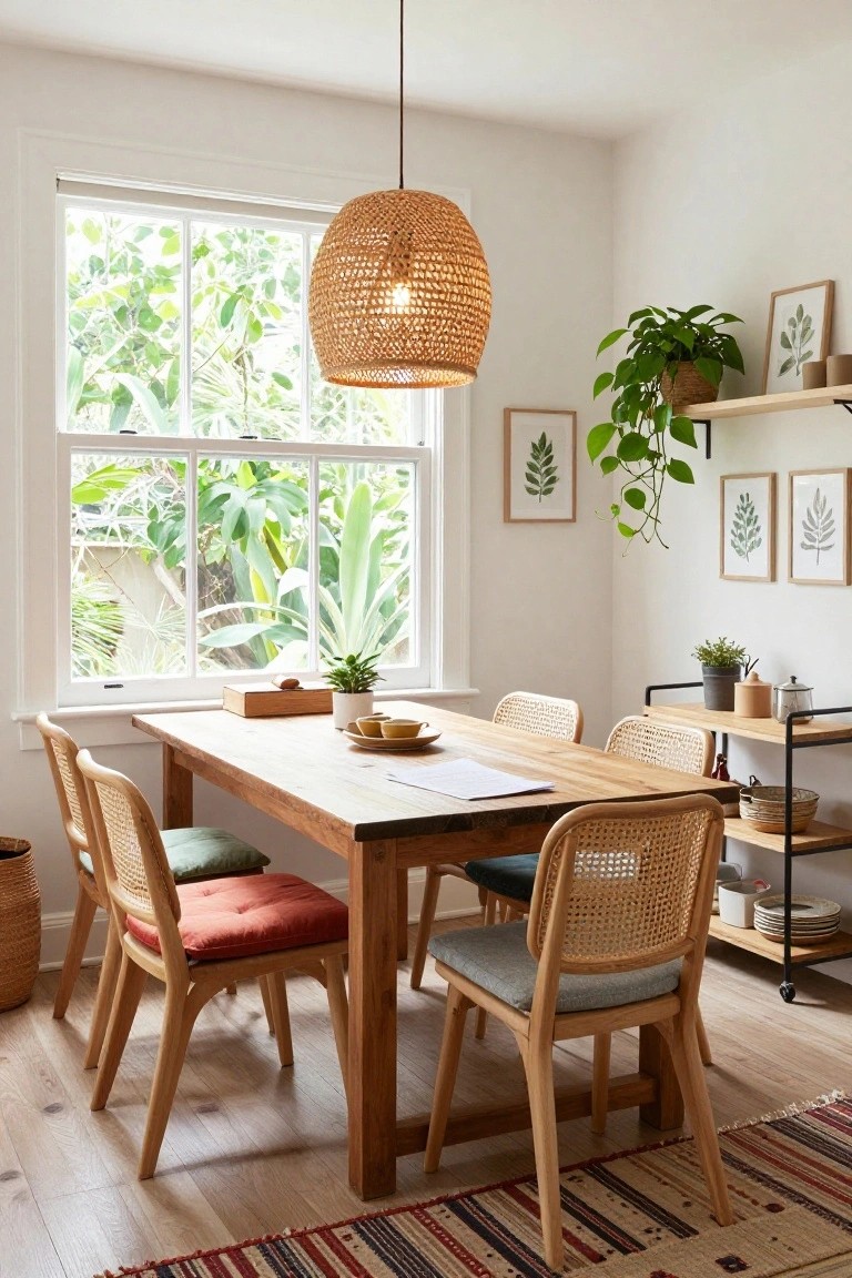 Bright indoor dining area with rectangular wooden table, four rattan chairs with cushioned seats in green, orange, and gray, potted plants, shelves, framed leaf prints, rattan pendant light, and large window showing outdoor greenery.
