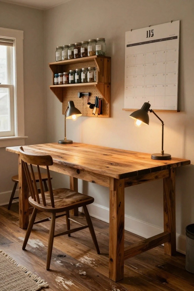 A home office room with a large rectangular reclaimed wood desk, two wooden chairs including a spindle-back and a stool, open wooden wall shelves holding glass jars, two black metal desk lamps lit up, a wall calendar, and a window.