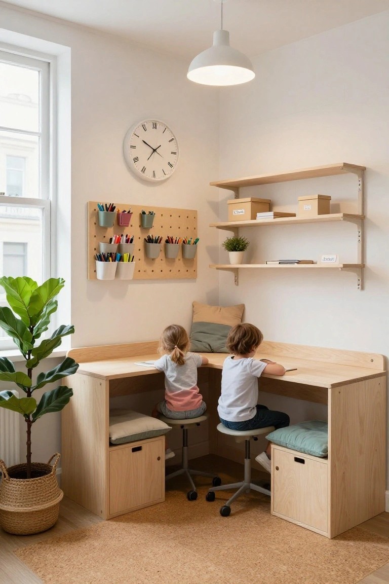 Two young children sit back-to-back at a light wooden L-shaped corner desk with storage drawers and cushions, in a bright room with wall shelves, pegboard organizers full of cups and art supplies, a potted plant, and a clock.