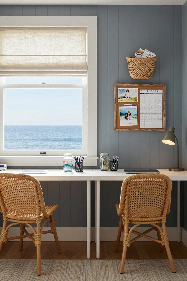 Coastal home office with two white desks positioned side by side facing a large window overlooking the ocean, rattan chairs, bulletin board on gray shiplap wall, desk lamp, and mason jar accessories.